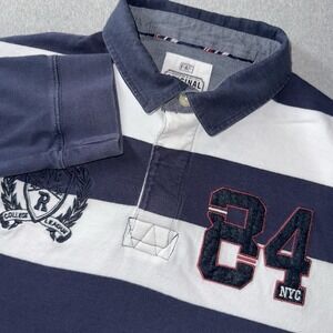 F&F Rugby Shirt Mens Large Navy White Stripe Long Sleeve Polo Embroidered